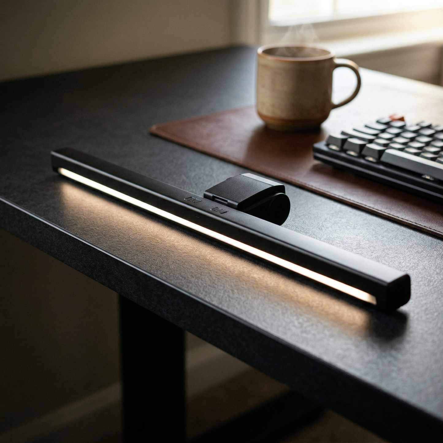 Desk with a lamp, mug, and keyboard in a home office setting