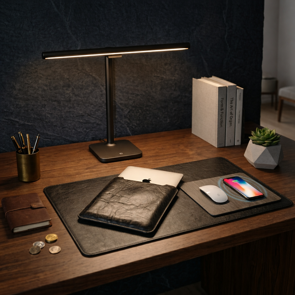The Essential System · five-piece starter desk system with leather mat and wireless charging