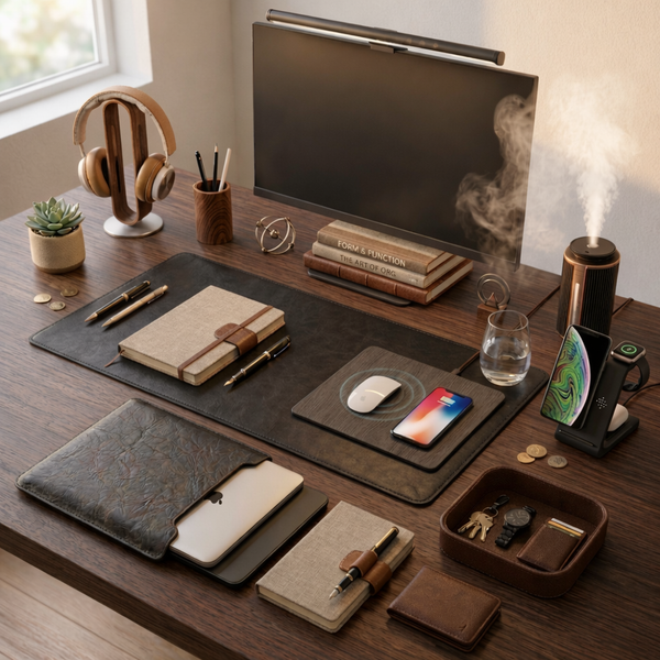 The Premium System · ten-piece matched desk system in leather, walnut, and aluminum