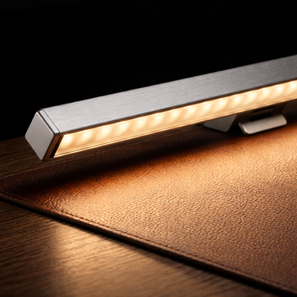 LED strip light on a brown leather surface with a dark background